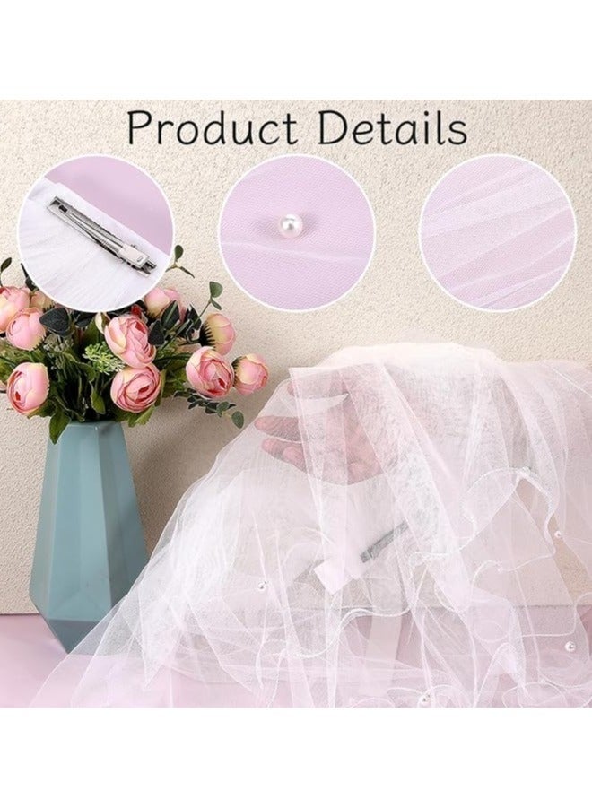 Bridal Wedding Veils, White Tulle Bridal Veil Hair Clip for Women Girls, Elegant Pearls Tulle Bow Veil Headband, Bridesmaid Short Hair Piece Bachelorette Decoration - Image 5